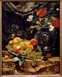 Kukkia ja hedelmiä. Francois Vernayn (1821-1896) maalaus