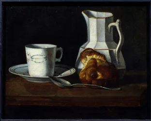 Asetelma briossi Muki, maitokannu ja briossi. Françoise Bourinin (1817-1887) maalaus 1800-luvun Roanne, museo Joseph Dechelette. - Asetelma, kakkumuki, maitokannu ja briossi. Francoise Bourinin maalaus (1817-1887)