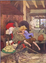 Kerttu työnsi hänet nopeasti uuniin, kirjasta Hannu ja Kerttu, Blackie & Son Limitedin julkaisema, n. 1940.