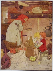 Noita ruokkii Hannua ja Kerttua, kuvitus kirjasta "The Beautiful Book of Nursery Rhymes, Stories and Pictures" (Kaunis lastenlorujen, tarinoiden ja kuvien kirja), kirjoittanut Frank Adams, julkaissut Blackie und Son.