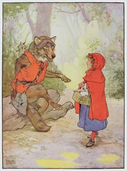Punahilkka ja susi, kuvitus "The Beautiful Book of Nursery Rhymes, Stories and Pictures", kirjoittanut Frank Adams, julkaisija Blackie and Son