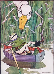 "Quack" mikä pelottelu, kuvitus teoksesta "The Frog would a Wooing Go", kirjoittanut Charles H. Bennett, 1916