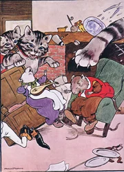 Kissa ja sen pennut tulivat sisään, kuvitus Charles H. Bennettin kirjasta "The Frog would a Wooing Go", 1916.