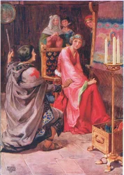 "Piligrim and the Queen" Dante G. Rossettin (1828-82) "The Staff Scripistä" kuvitettu M.D.Belgraven ja H.Hartin teoksessa "Lasten tarinoita runoilijoista" (värilitho)