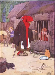 Vanha nainen sulki Hannun talliin, Blackie & Son Limitedin julkaisemasta Hannu ja Kerttu -kirjasta, n. 1940.