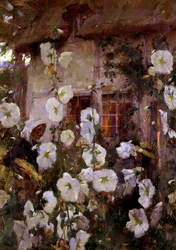 "Naiset puutarhassa hämärässä. Frank Bramleyn (1857-1915) maalaus.