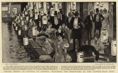 Preussin prinssi Henrik Kantonissa katsomassa ilotulitusta kukkavenejuhlissa