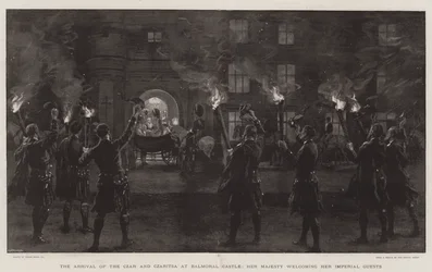 Tsaarin ja tsaritsan saapuminen Balmoralin linnaan, Hänen Majesteettinsa toivottaa keisarilliset vieraansa tervetulleiksi