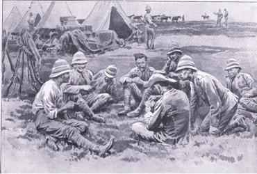 Väsyneitä sotilaita lepäämässä, teoksesta After Pretoria: The Guerilla War, jonka on julkaissut Harmsworth Bros Limited, 1901.