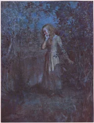 Valo oli haihtunut pimeyteen ja ilta syventynyt yöksi, noin 1920 (värilitro).