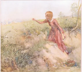 Pian auringonnousun jälkeen aamulla hän hiipi ulos teltasta ja harhaili pelloille, jotka olivat ampumamatkan päässä, poimi muutaman ruusun, 1920 (värilitografia).