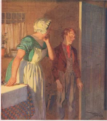 Lapsi kiiruhti ovelle ja katosi yhtä nopeasti kuin oli tullutkin, noin 1920 (värilitro).