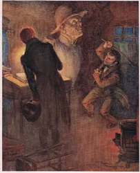 Kääpiö heitti alas sanomalehden, josta hän oli lausunut edellä lainatut sanat, ja tarttui ruostuneeseen rautapalkkiin, 1920 (värilitro).