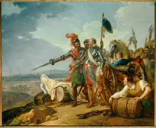 Uskonsodat: "Kuningas Henrik IV tuo ruokaa Pariisiin elokuussa 1590". Kuningas Henrik IV (1553-1610) toimittaa kaupungin piirityksen aikana vuonna 1590 ruokaa nälkää näkeville pariisilaisille Pariisin lähellä. 1783. Mitat: 1,57 x 1,92 m