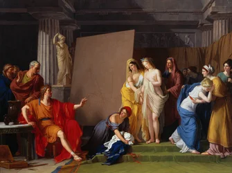 Zeuksis valitsee Krotonin tyttöjen joukosta mallit Helenaa esittävään kuvaansa, noin 1790