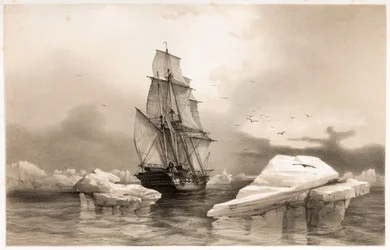 aCorvette La Recherche lähellä Bear Islandia 7. elokuuta 1838 Voyages en Scandinaviasta, 1852.