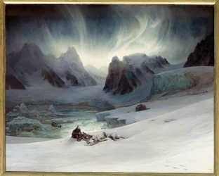 Magdalenanlahti katsottuna niemimaan haudasta, Pohjois-Huippuvuorilta. Aurora borealis vaikutus. Öljy kankaalle, 1,30 x 1,63 m. - "" Magdalenan lahti, näkymä Spitzbergin pohjoispuolella sijaitsevalta hautojen niemimaalta, revontulien vaikutus"" Francois Au