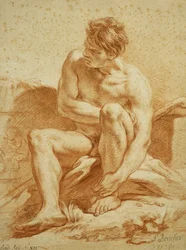 Istuva alastonhahmo sauvan kanssa, vasemmalla puttoaiheinen reliefi, 1738