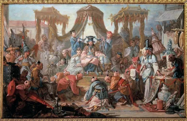 Kiinan keisarin yleisö Kohteet kumartuvat keisarin edessä. Francois Boucherin maalaus