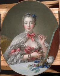 Madame de Pompadour pukeutumispöytänsä ääressä, noin 1760