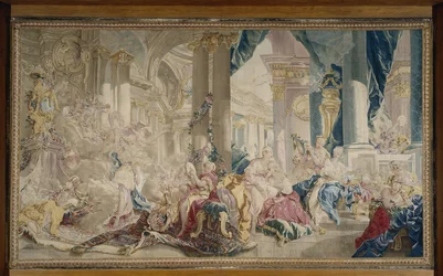 Manufacture de Beauvais - Psyche johdattaa Zephyrin rakkauden palatsiin ja Psyche esittelee rikkauttaan sisarilleen, 1741 jälkeen.