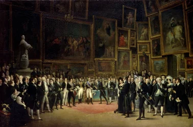Kaarle X jakaa palkintoja taiteilijoille vuoden 1824 näyttelyn lopussa