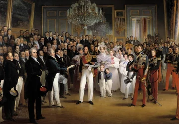 Vuoden 1830 vallankumous: "" Edustajainhuone esittelee Orleansin herttualle Louis Philippe I:lle (1773-1850) säädöksen, joka kutsuu hänet valtaistuimelle, ja vuoden 1830 peruskirjan kuninkaallisessa palatsissa 7.8. 1830"" Yksityiskohta. Francois Joseph Hei