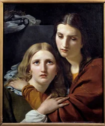 Pyhät naiset meditoivat intohimon kohteiden kanssa. Hartauskohtaus kahdesta nuoresta naisesta. Joseph Navezin (1787-1869) maalaus 1800-luvun aurinko. 0,64x0,54 m Pariisin Louvre-museo