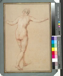 Pysyvä nainen alaston takaa katsottuna, n. 1722 (punainen, mustavalkoinen liitu paperille)