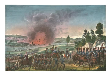 Ranskalaisten vetäytyminen Leipzigin taistelun jälkeen, 19. lokakuuta 1813, c1850
