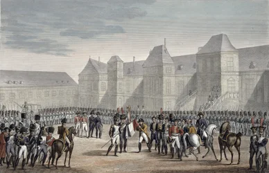 Napoleonin luopuminen kruunusta ja hänen lähtönsä Fontainebleausta Elballe, 20. huhtikuuta 1814