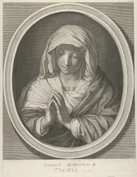 Neitsyt rukouksessa katsoen alas, soikeassa kehyksessä, Renin perässä, 1640-93.