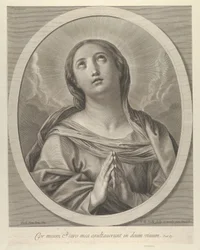Neitsyt rukouksessa, katsoen ylös pilvet takanaan, soikeassa kehyksessä, Renin perässä, ..., 1648-81.