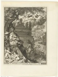 Muusa ja putti istuvat runoilija Arnold Moosen haudalla Nimisivu kohteelle: Arnold Moonen, Continued der poëzye, Delft 1720 Jatkoa A. Moonens Poezylle (otsikko esineessä)