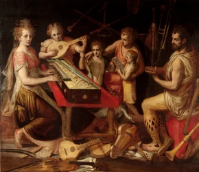 Music Characters vetuksen ikivanha musiikki-instrumenttien ympäristö muodostaa allegorian. Frans Florisin (1515-1570) maalaus 1500-luvulta Geenit, yksityinen kokoelma