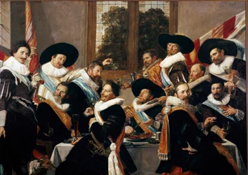 Haarlemin Saint Adrienin joukon upseerien juhlat Franz Halsin maalaus (n. 1580-1666) 1627 su. 266,5x183 cm Haarlem, Frans Halsin museo, Hollanti