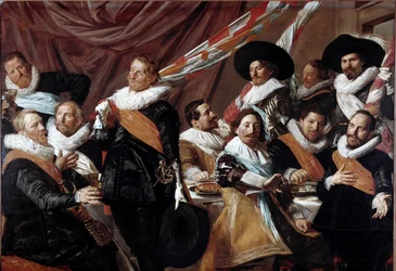 Haarlemin Pyhän Yrjön jousiampujakomppanian upseerien juhla-ateria, 1627. Mitat: 179 x 257,5 cm. Haarlem, Frans Hals Museum, Hollanti