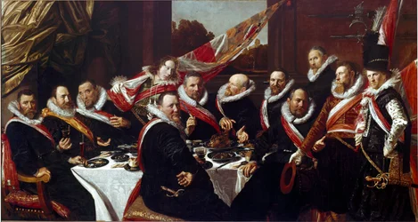 Haarlemin Pyhän Yrjön jousimieskaartin upseerien juhla-ateria. Maalaus (noin 1580-1666), 1616. Mitat 170 x 120 cm. Haarlem, Frans Hals Museum, Alankomaat