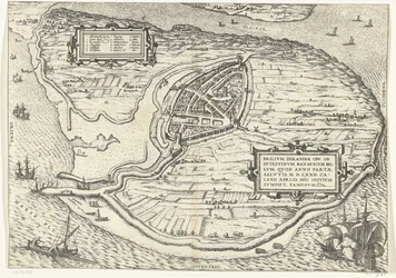 Kaart van het eiland Voorne en plattegrond van Brielle, 1572 Brillium, Hollanti opp. Alankomaiden välisen sodan vuoksi, joka pelastuksen voiton vuonna 72 jKr. huhtikuun helteessä hän aloitti täällä, kuuluisa (otsikko esineessä)