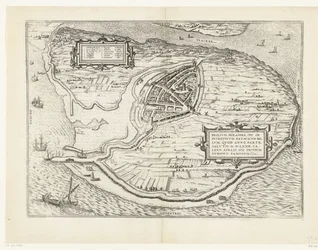 Kaart van het eiland Voorne en plattegrond van Brielle, 1572 Brillium, Hollanti opp. Alankomaiden välisen sodan vuoksi, joka pelastuksen voiton vuonna 72 jKr. huhtikuun helteessä hän aloitti täällä, kuuluisa (otsikko esineessä)