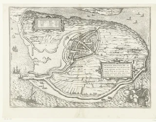 Kaart van het eiland Voorne en plattegrond van Brielle, 1572 Brillium, Hollanti opp. Alankomaiden välisen sodan vuoksi, joka pelastuksen voiton vuonna 72 jKr. huhtikuun helteessä hän aloitti täällä, kuuluisa (otsikko esineessä)
