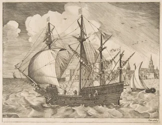 Aseistettu neljän päällikön laskeutuminen merelle purjealuksilta, n. 1555-56.