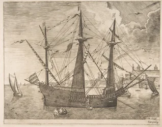 Aseistettu kolmipäällikkö ankkuroituna lähellä kaupunkia purjealuksilta, n. 1555-56.
