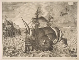 Aseistettu kolmipäällikkö Daedaluksen ja Ikaruksen kanssa taivaassa julkaisusta The Sailing Vessels, 1561-65.