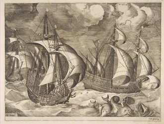 Kolme karavellia nousevassa myrskyssä Arionin kanssa delfiinillä, The Sailing Vessels, 1561-65.