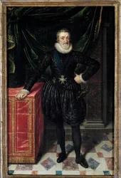 Muotokuva Henrik IV:n (1553-1610) jalassa Kuningas kantaa Pyhän Hengen ritarikunnan (Pyhän Hengen ritarikunnan) arvomerkkiä. Frans Pourbus Le Jeune (Francois (Franz) Porbus) maalaus