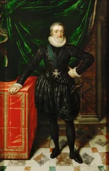 French: Portrait de Henri IV (1553-1610), roi de France, en costume noir Henrik IV, Ranskan kuningas mustassa puvussa.