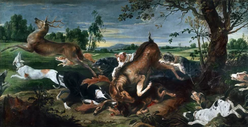 Metsästyshirvi, Frans Snyders (1579-1657), öljy kankaalle, 220x420 cm.