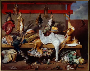 Keittiönpöytä, jolla on riistaa, kalaa ja palkokasveja (1579-1657), 1630. Mitat: 2,73 x 3,40 m. Lyon, Musée des Beaux-Arts