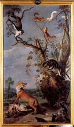 Kissa ja kettu. Kuvitus Jean de La Fontainen faabeliin. (1579-1657), flaamilainen koulukunta, 1600-luku, Madrid, Museo del Prado.